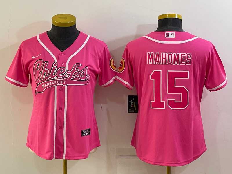 Women%27s Kansas City Chiefs #15 Patrick Mahomes Pink With Patch Cool Base Stitched Baseball Jersey